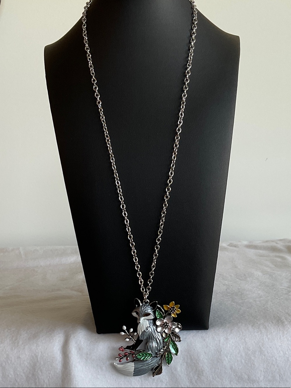Whimsical Silver Fox Necklace with Enamel Flowers